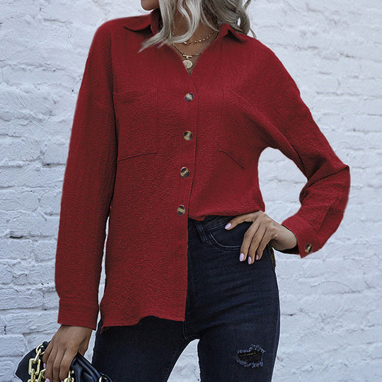 Damen Strukturierte Oversize-Hemdbluse mit Brusttaschen und Knopfleiste EB