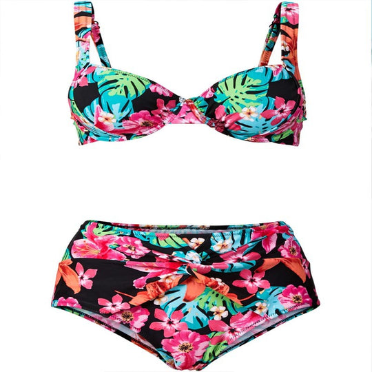 Damen Bunt floral gemusterter Bikini mit Balconette-Oberteil und hoher Taille EB