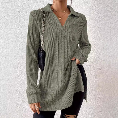 Damen Langarm Shirt mit strukturiertem V-Ausschnitt und schmalen Rippdetails EB
