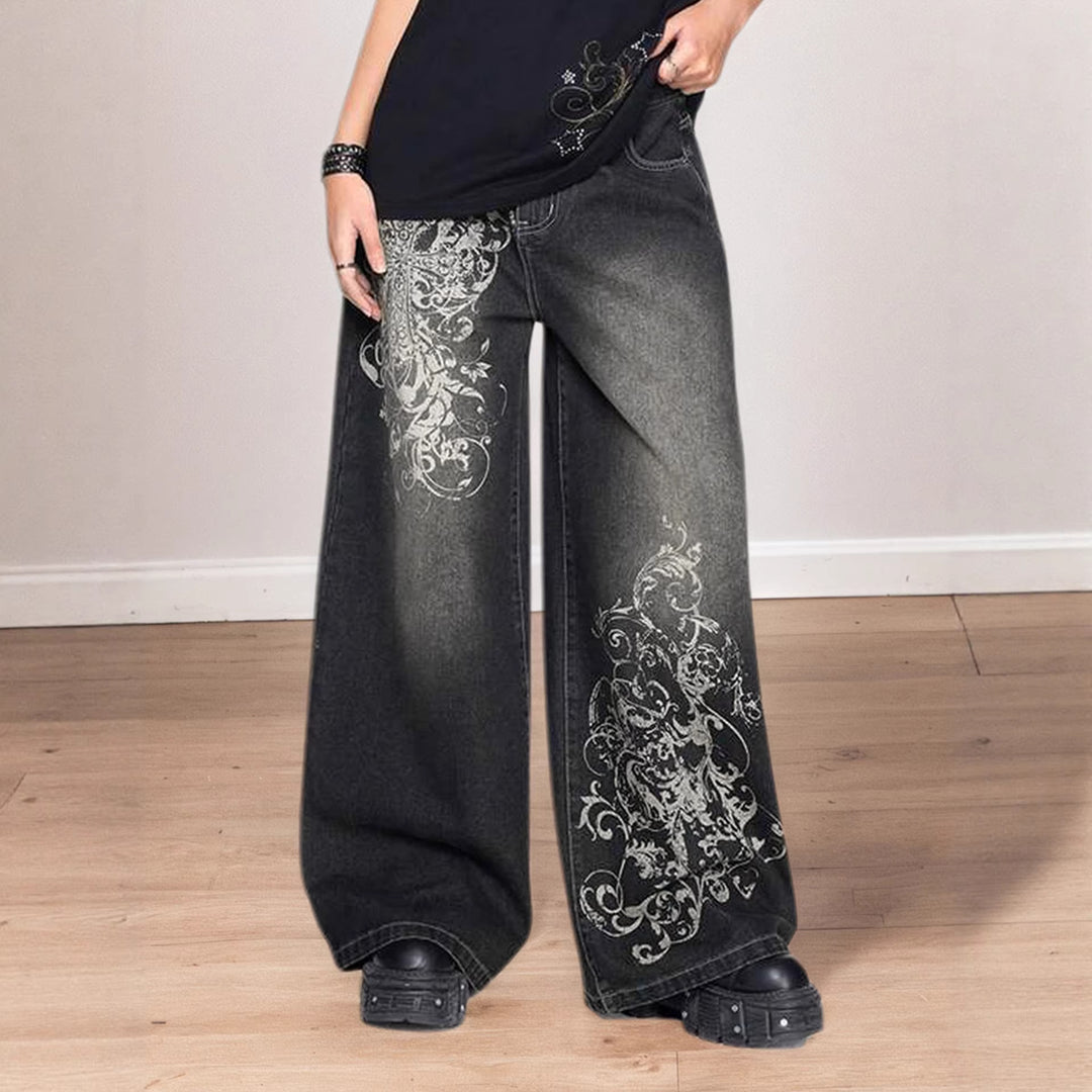 Damen Weite Denim-Hose mit auffälligem grafischem Druck EB