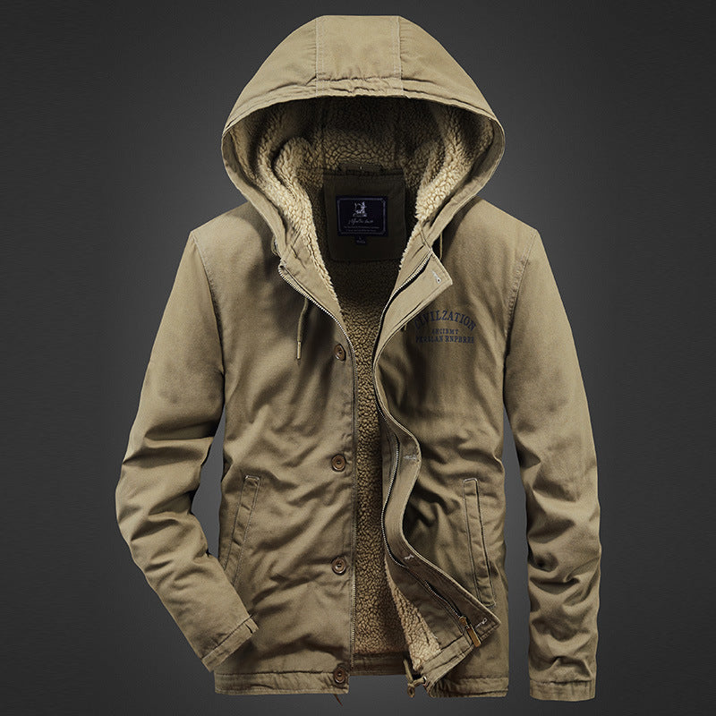 Herren Kapuzen-Canvasjacke mit durchgehendem Teddyfutter und verdeckter Druckknopfleiste EB