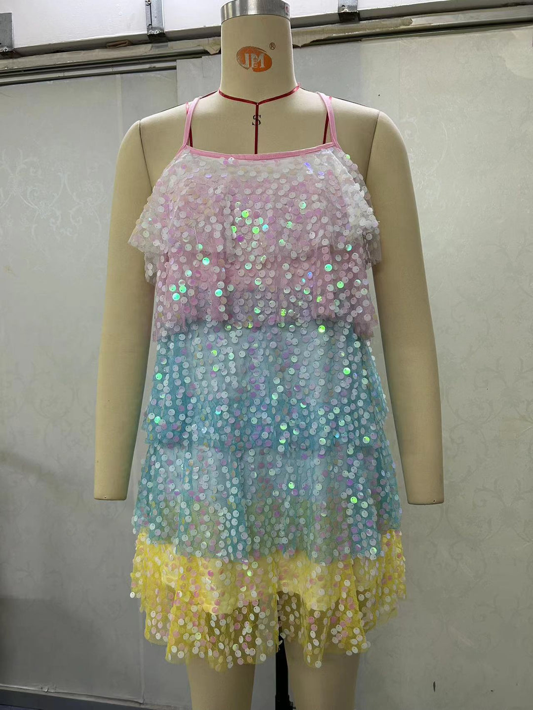 Damen luftiges Sommerkleid mit buntem Paillettenmuster EB