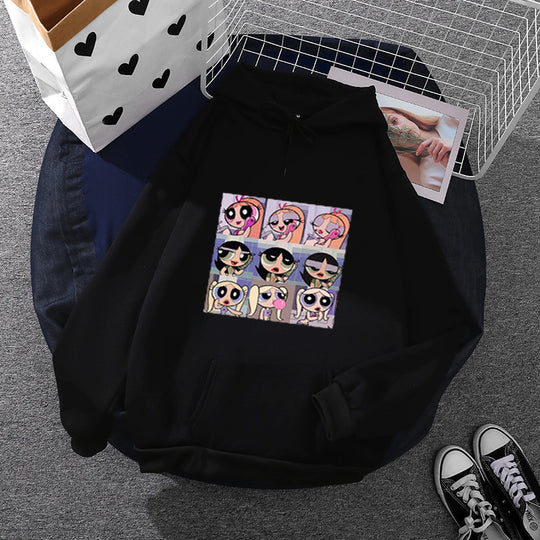 Damen nan lässiger Kapuzenpullover mit quadratischem Cartoon-Collageprint weiches Fleece Innenfutter und aufgesetzter Kängurutasche EB