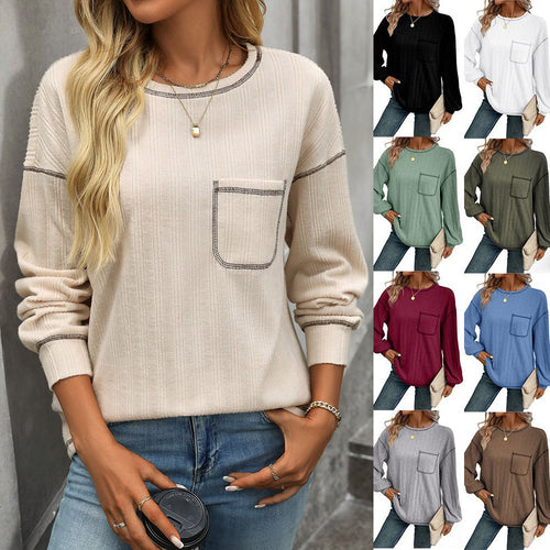 Damen Bequemer Langarm-Shirt mit Rippenstruktur und Brusttasche EB