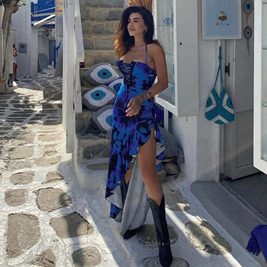 Damen Boho Maxikleid mit floralem Print und Schnürung EB