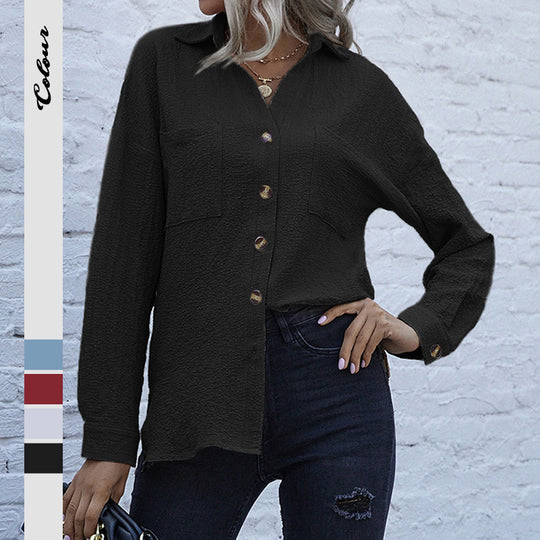 Damen Strukturierte Oversize-Hemdbluse mit Brusttaschen und Knopfleiste EB