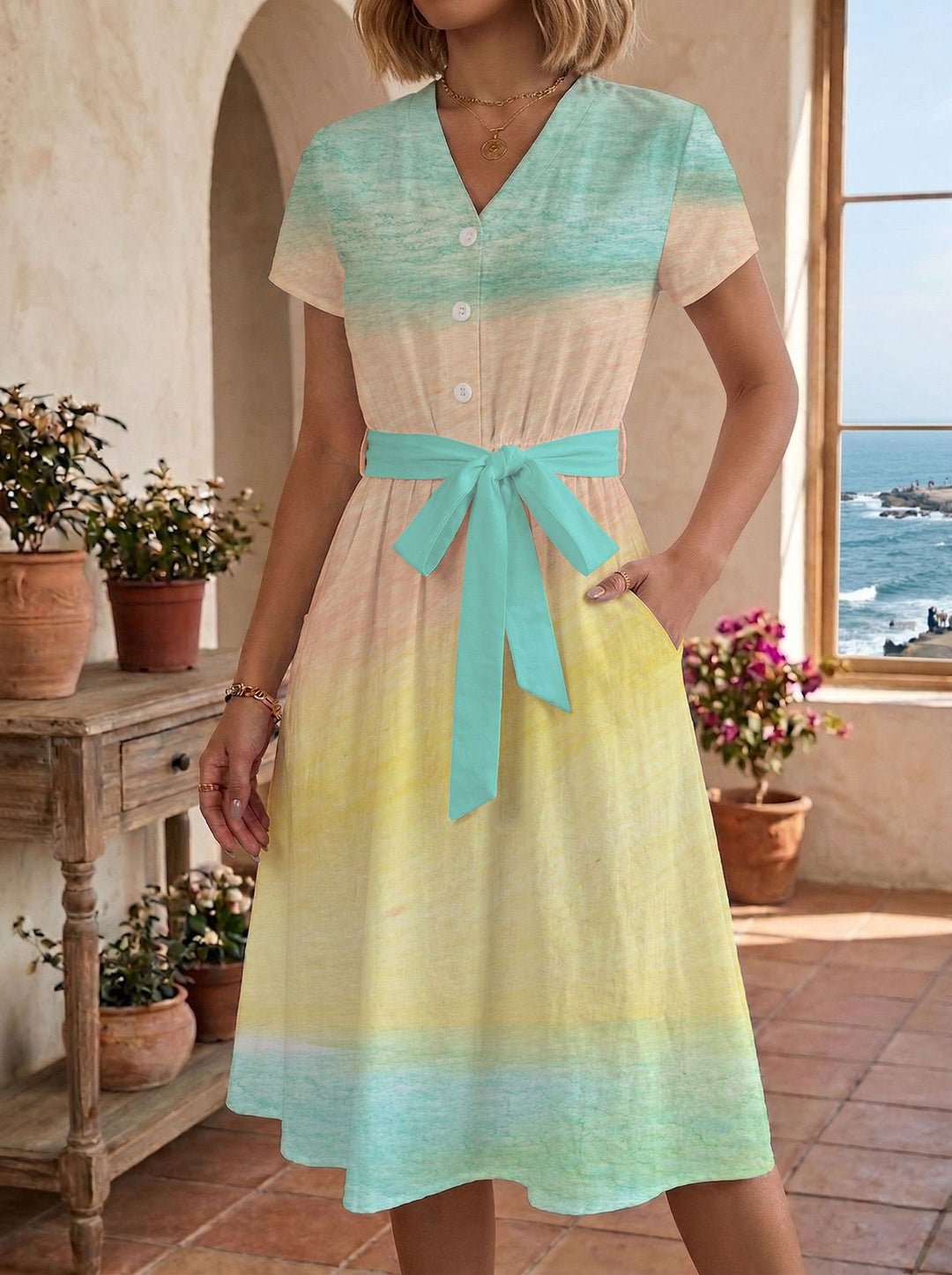 Damen Sommerliches Kleid mit taillierbarem Bindegürtel und floralem Muster EB