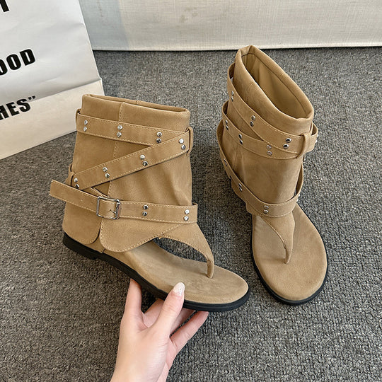 Damen Fashionable Zehentrenner-Stiefel mit Verzierungen und flexiblem Riemendesign EB