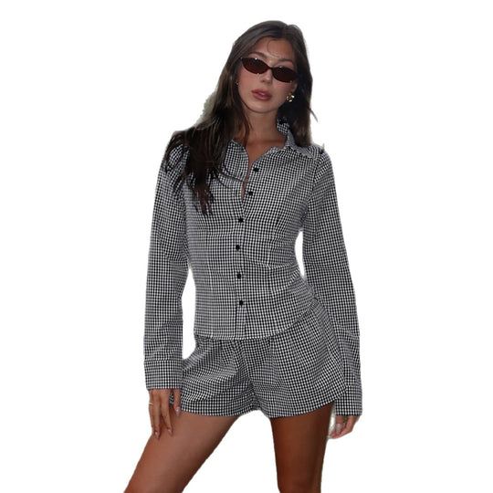 Damen nan zweiteiliges Vichy-Set aus taillierter Blusenjacke mit Wiener Nähten und Highwaist-Shorts EB