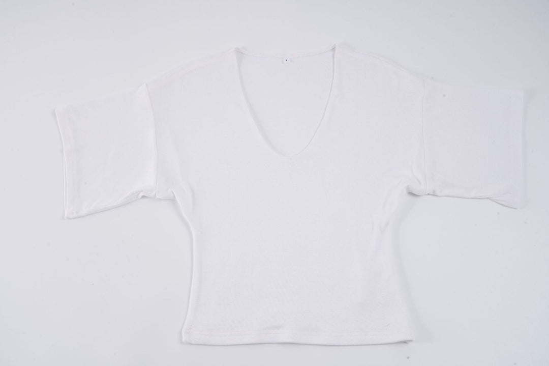 Damen lässiges Cropped T-Shirt mit V-Ausschnitt und oversized Ärmeln EB