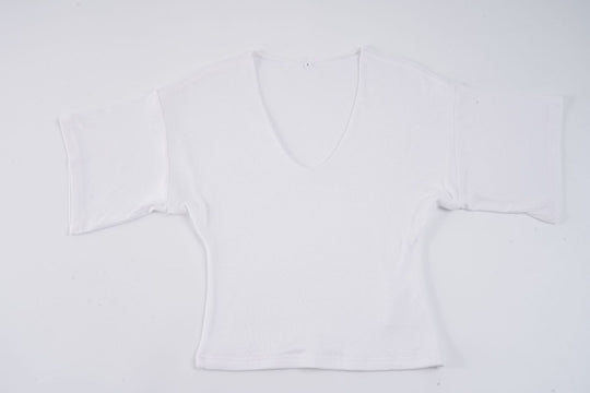 Damen lässiges Cropped T-Shirt mit V-Ausschnitt und oversized Ärmeln EB