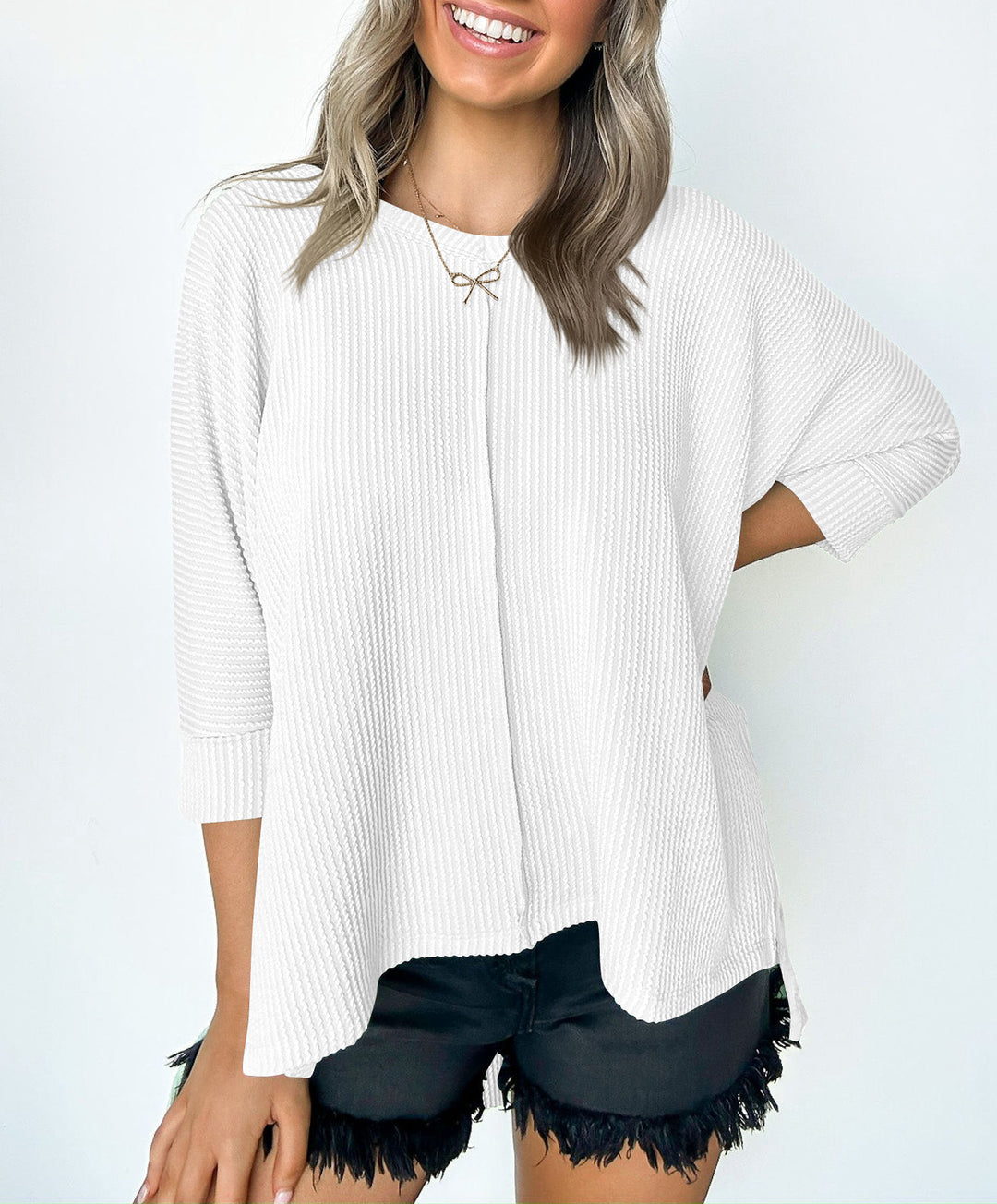Damen lässiges V-Neck Oberteil mit strukturiertem Design und lockerer Passform EB