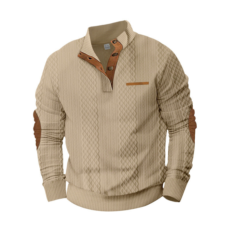 Herren Strukturiertes Kabelstrick-Sweatshirt mit Halbknopfblende, Kunstleder‑Patchtasche & Ellbogenpatches EB