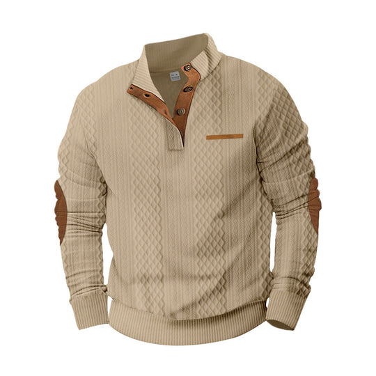 Herren Strukturiertes Kabelstrick-Sweatshirt mit Halbknopfblende, Kunstleder‑Patchtasche & Ellbogenpatches EB