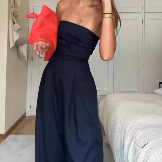 Damen trägerloser Jumpsuit mit weitem Bein und seitlichen Taschen EB