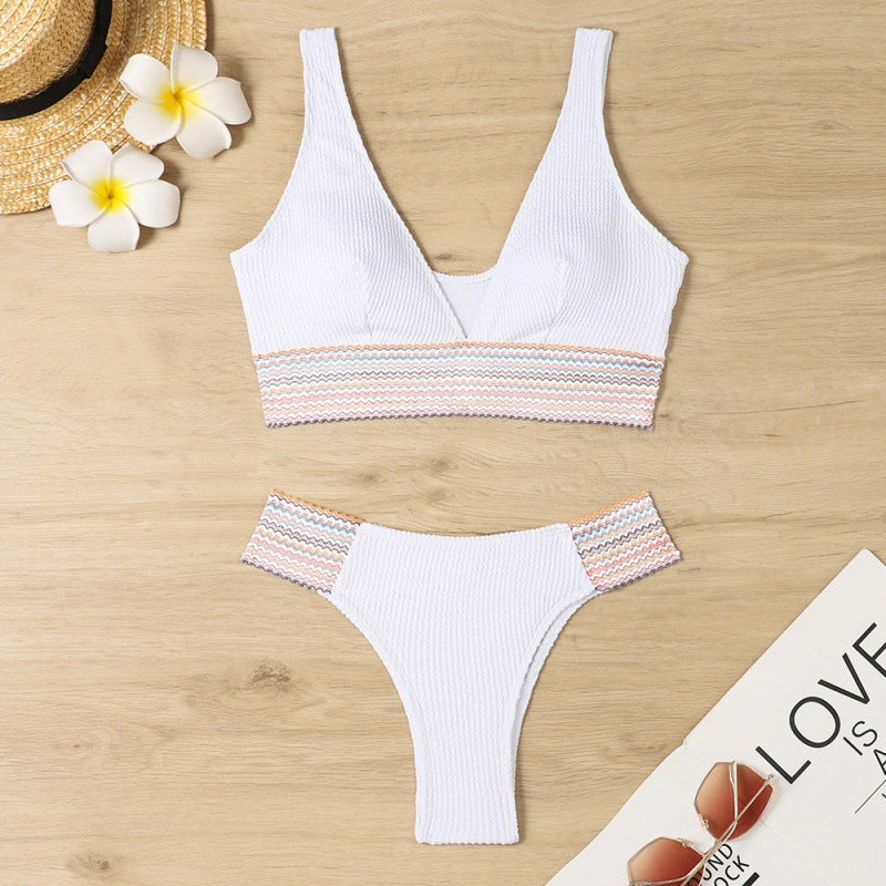 Damen Wellenmuster Bikini-Set mit tiefem V-Ausschnitt EB