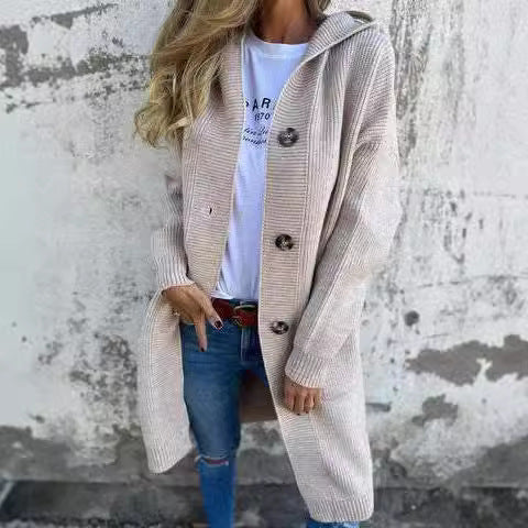 Damen Strickmantel mit Kapuze und Knopfleiste EB