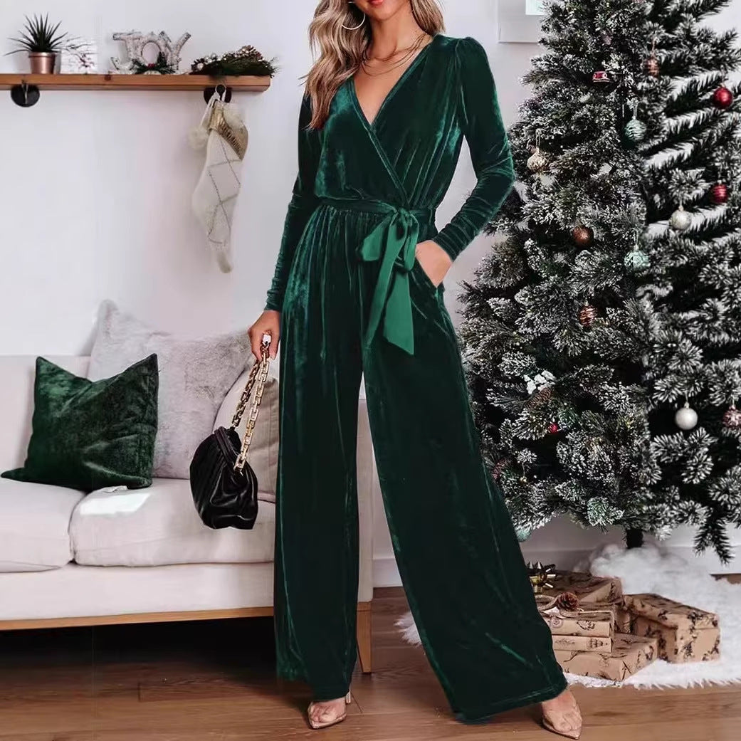 Damen Samt‑Jumpsuit mit Wickel‑V‑Ausschnitt, weitem Bein und Taillengürtel EB