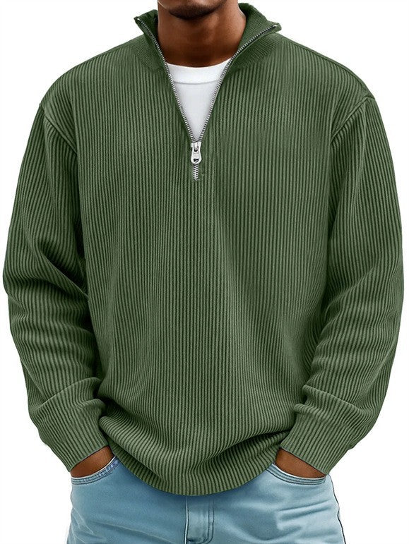 Herren nan gerippter Strickpullover mit halbem Reißverschluss und Stehkragen EB