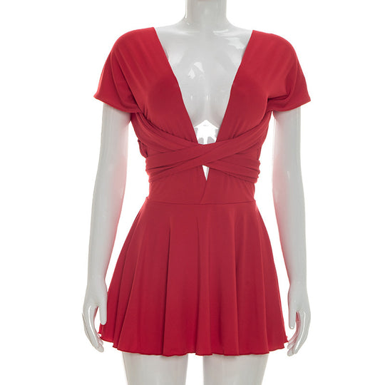 Damen Elegantes Wickelkleid mit tiefem V-Ausschnitt und fließendem Rock EB