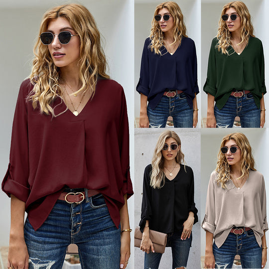 Damen Bluse mit V-Ausschnitt und lässigen langen Ärmeln EB