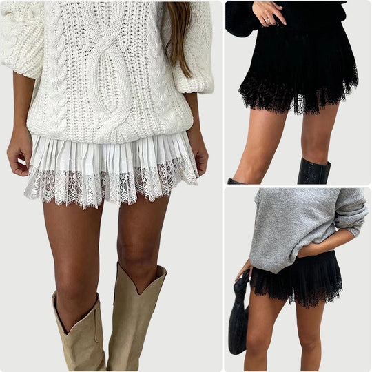 Damen Fransen-Minirock mit elegantem Spitzenabschluss und hohem Taillenbund EB