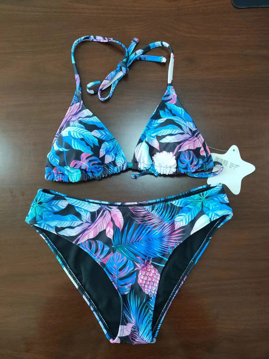 Damen Triangel-Bikini-Set mit tropischem Blattmuster EB