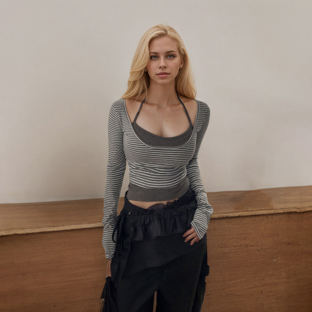Damen nan gerafftes Layering-Cropped-Top mit integriertem Bustier und feinem Streifenstrick EB