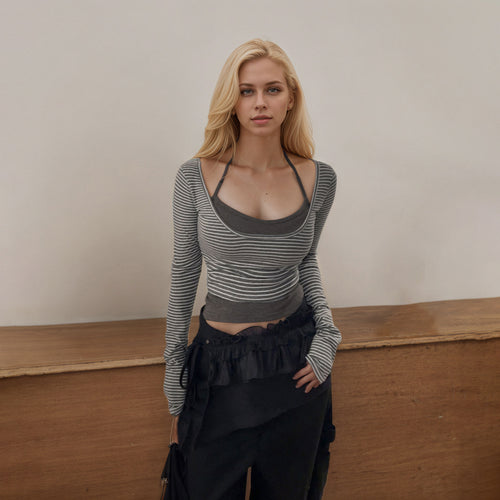 Damen nan gerafftes Layering-Cropped-Top mit integriertem Bustier und feinem Streifenstrick EB