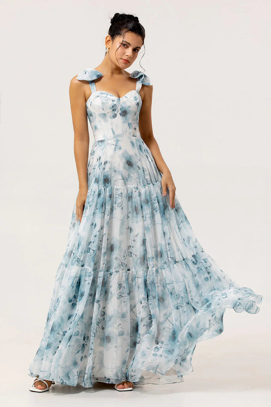 Damen Elegantes Maxikleid mit floralen Details und Rüschenträgern EB