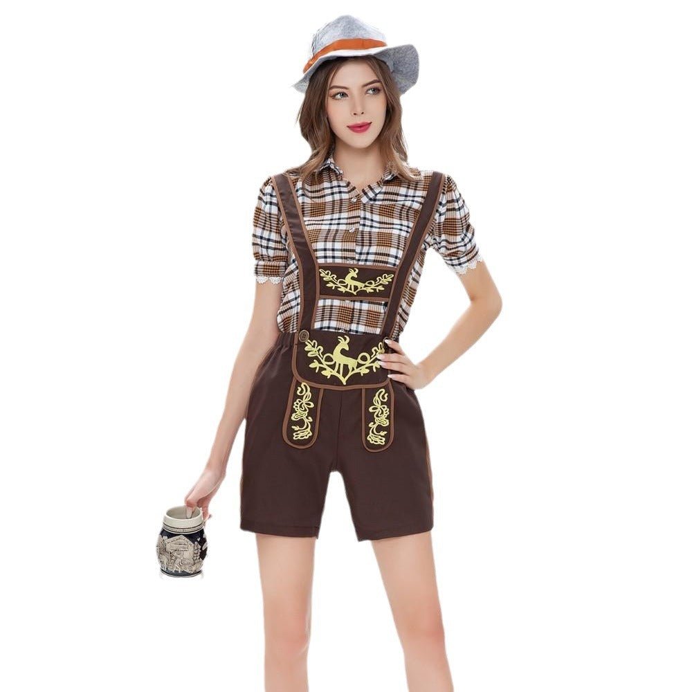Damen nan Trachten-Shorts mit besticktem Latz, verstellbaren Trägern und karierter Bluse EB