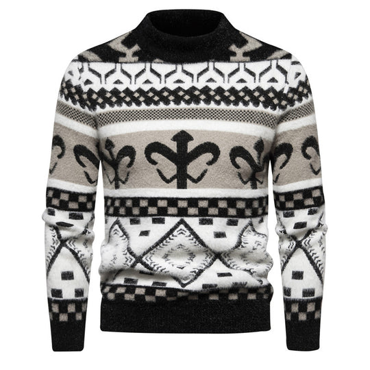 Herren Strickpullover mit modernem Zopfmuster und hohem Kragen EB