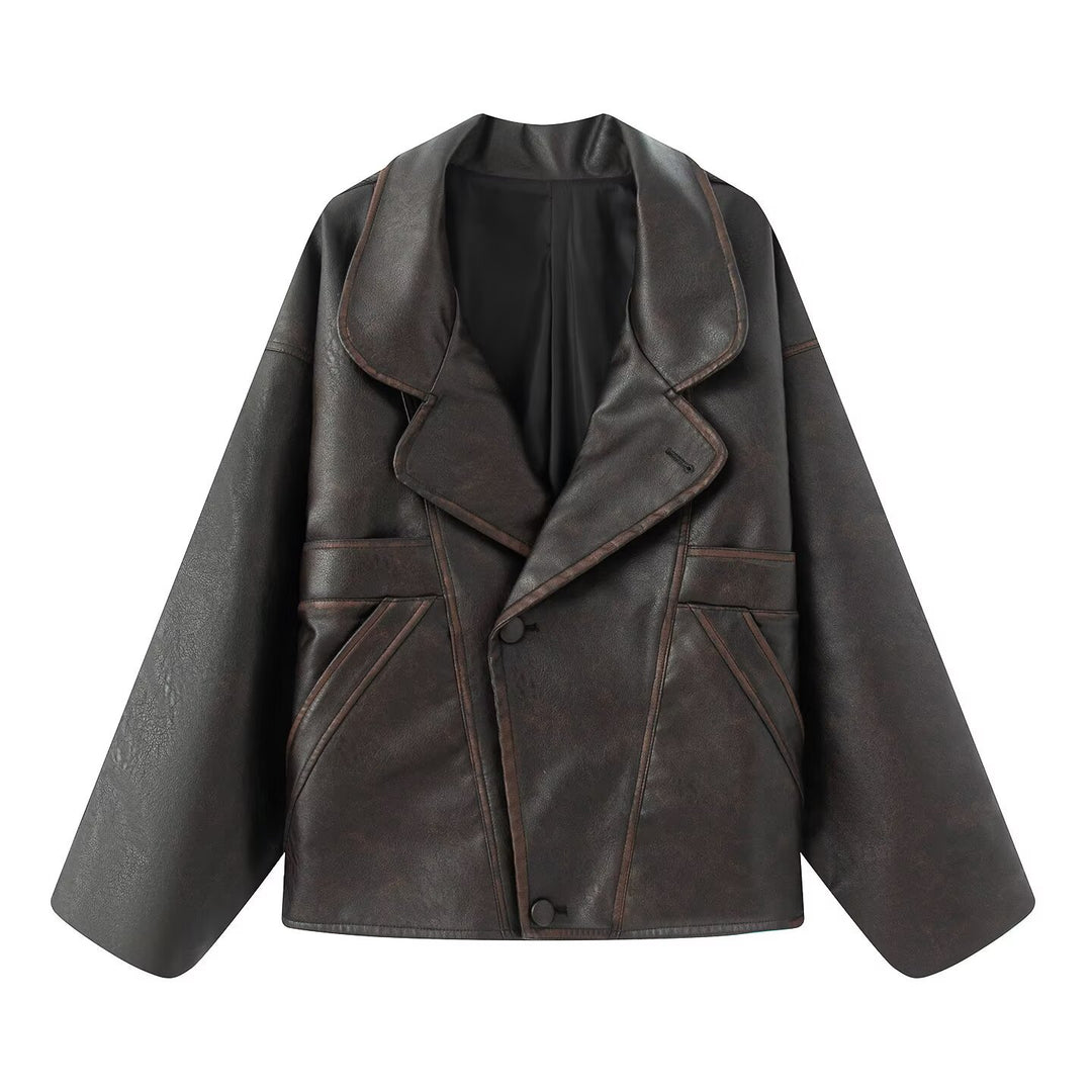 Damen elegante Kunstlederjacke mit oversized Schnitt EB