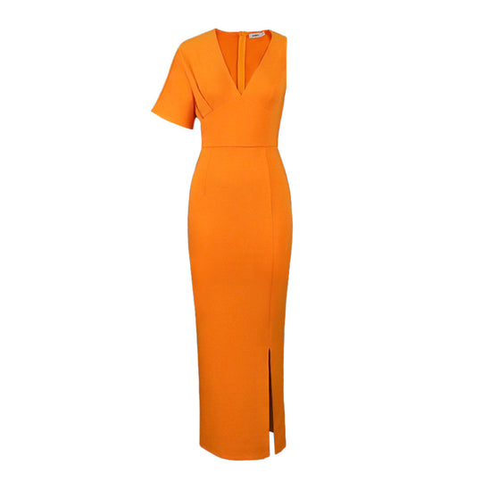 Damen figurbetontes Maxikleid mit tiefem V-Ausschnitt und elegantem Schlitz EB