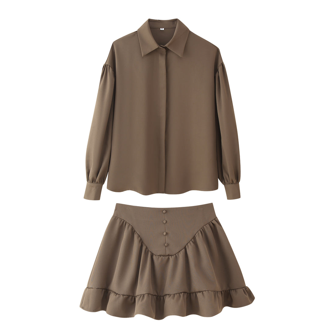 Damen Set aus eleganter Bluse mit Puffärmeln und schwingendem Rock EB