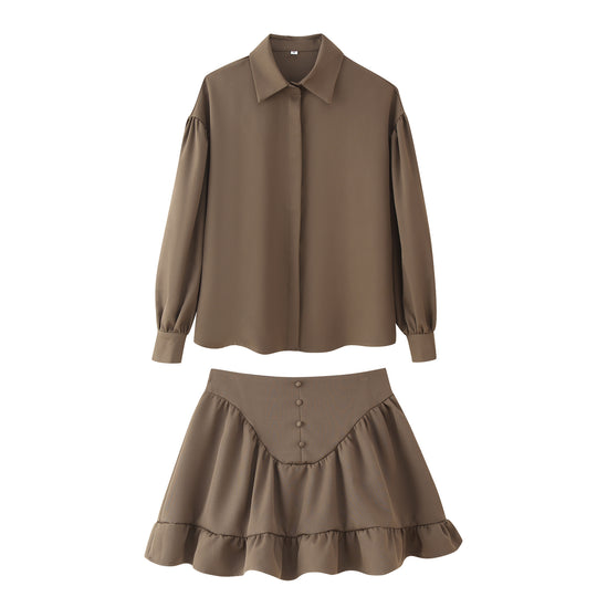 Damen Set aus eleganter Bluse mit Puffärmeln und schwingendem Rock EB