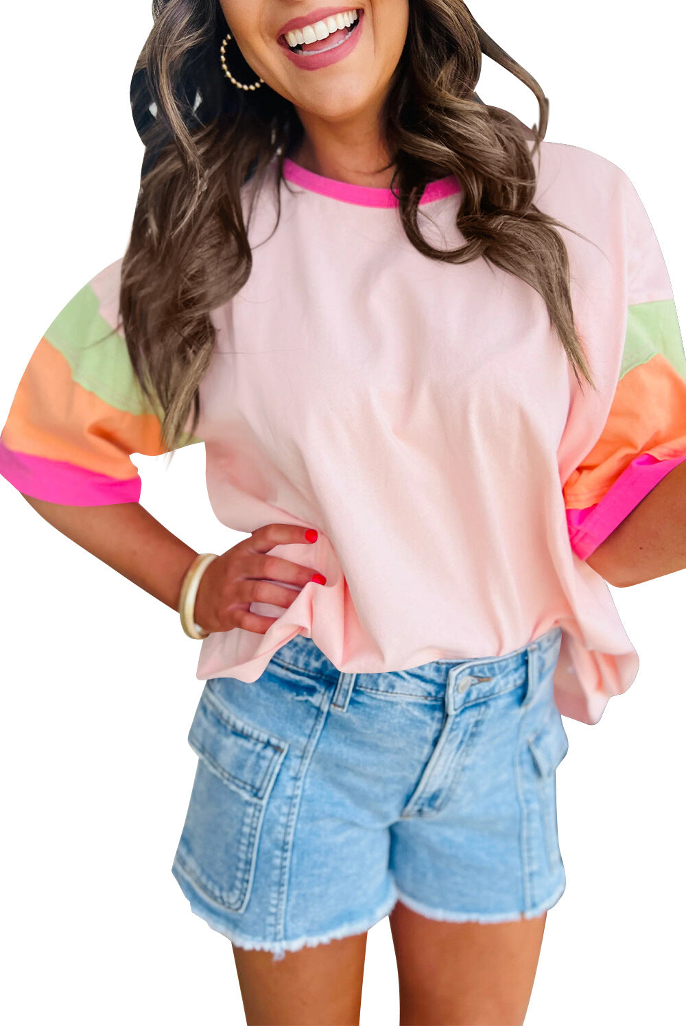Damen lässiges T-Shirt mit farbenfrohen Ärmeln und weitem Schnitt EB