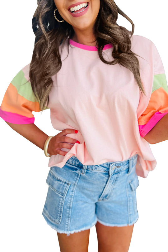 Damen lässiges T-Shirt mit farbenfrohen Ärmeln und weitem Schnitt EB
