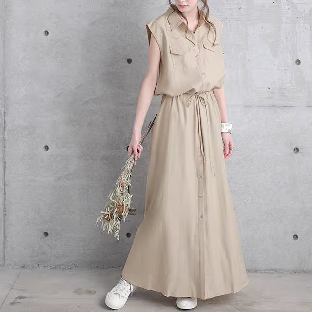 Damen nan langes Hemdkleid mit Tunnelzugtaillierung und aufgesetzten Brusttaschen EB
