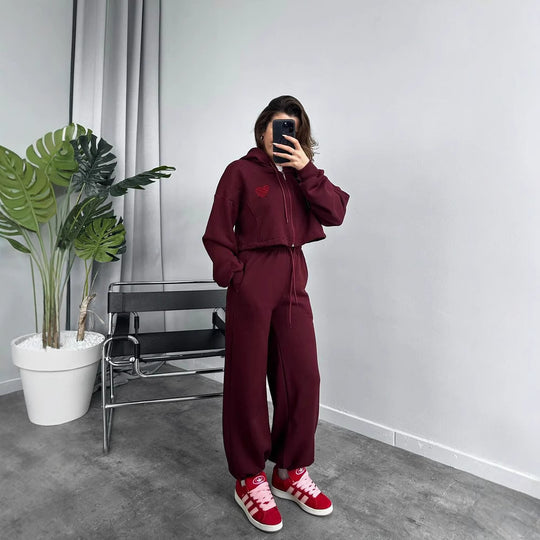 Damen Cropped Kapuzenpullover und hohe Taille Wide-Leg Jogginghose Set EB