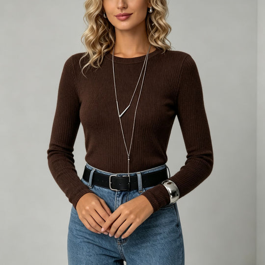 Damen Enganliegender Rippstrick-Pullover mit Rundhalsausschnitt EB