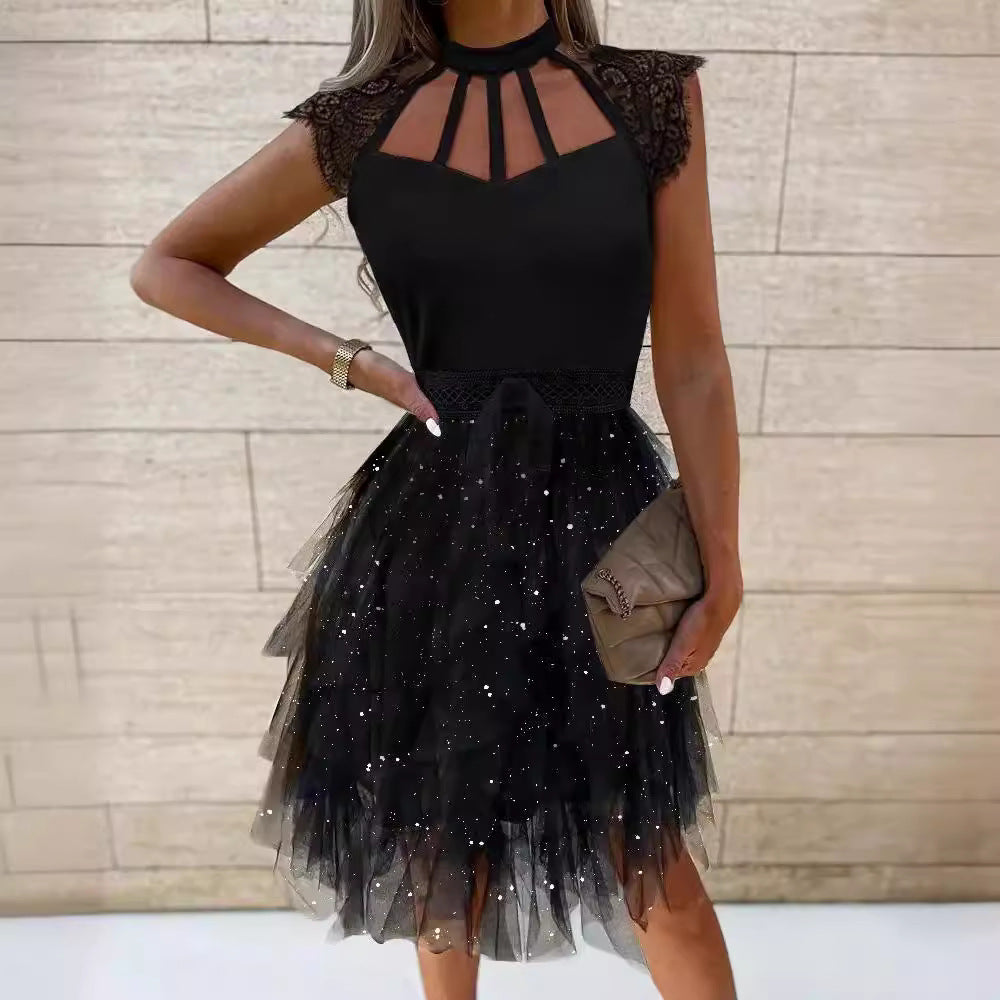 Damen Cocktailkleid mit Spitzenakzenten und glitzerndem Tüll EB
