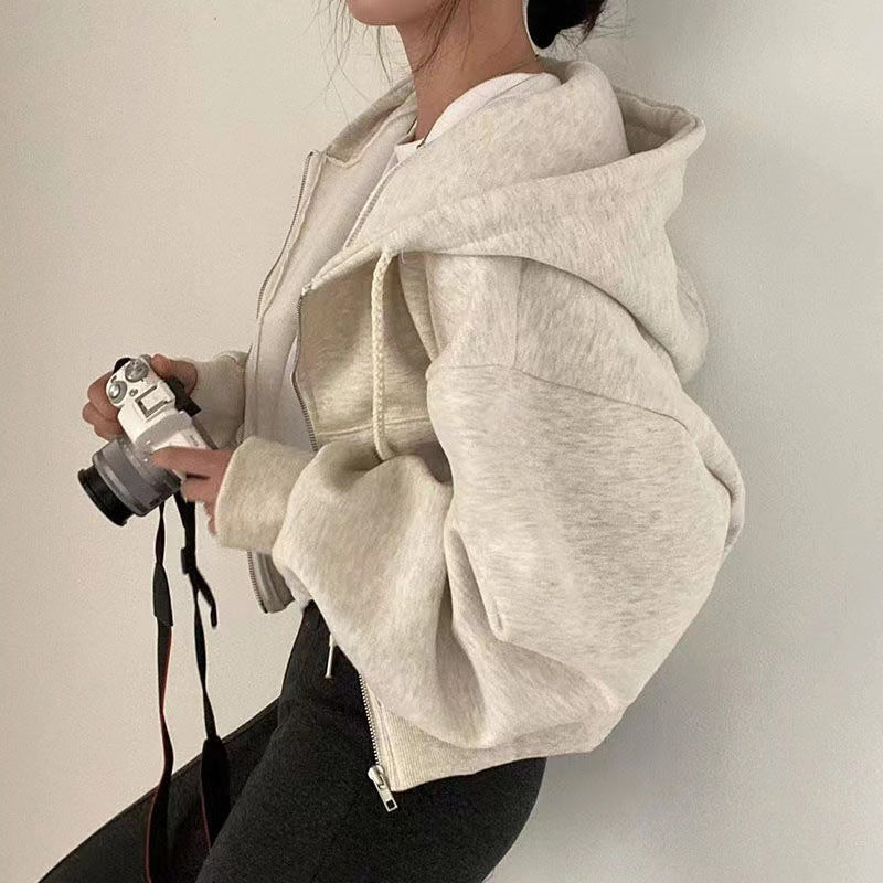 Damen nan oversized cropped Kapuzenjacke mit Reißverschluss und Ballonärmeln EB