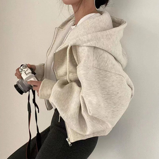 Damen nan oversized cropped Kapuzenjacke mit Reißverschluss und Ballonärmeln EB