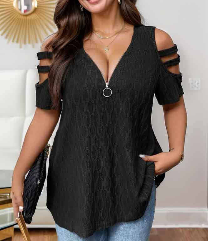 Damen modisches Halbarmshirt mit Reißverschluss EB
