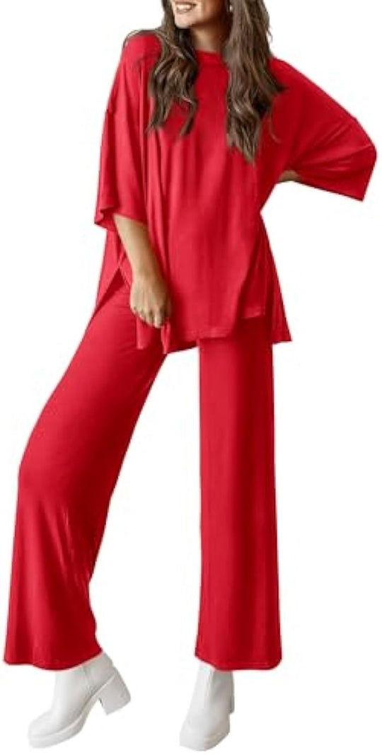 Damen Lässiges Lounge-Set aus weichem Jersey mit Oversize-Tunika und weiter Palazzo-Hose EB