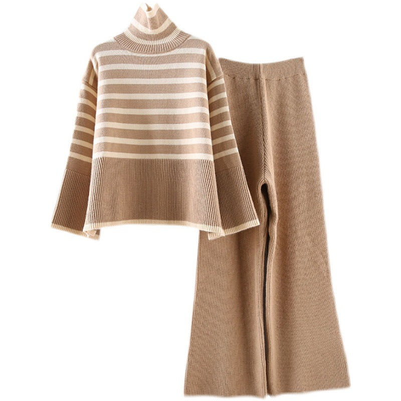 Damen Lässiges Strickensemble mit hohem Kragen und breiten Ärmeln EB