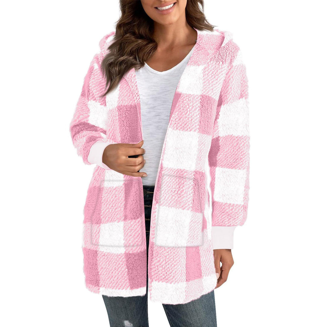 Damen Fleecejacke mit Karomuster und Kapuze EB