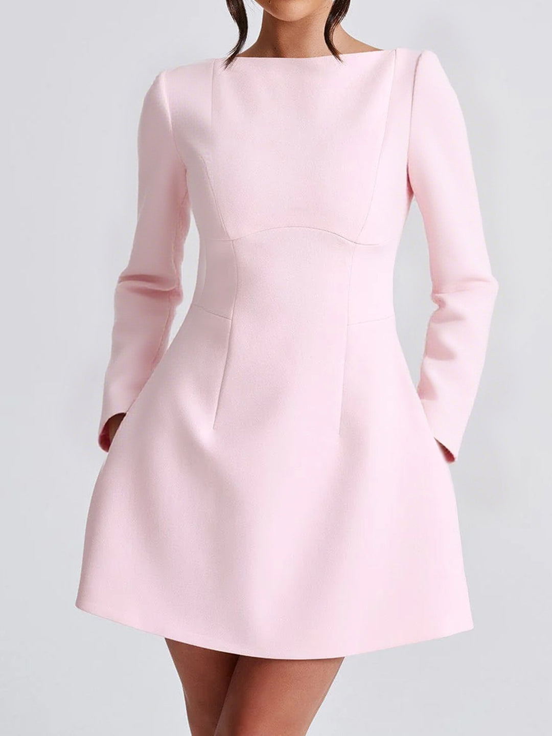 Damen nan tailliertes A-Linien Kleid mit U-Boot-Ausschnitt, langer Arm und dezenten Eingrifftaschen EB
