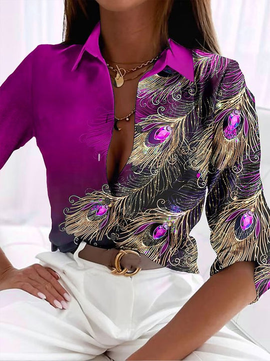 Damen Elegantes Hemd mit Pfauenmuster und modernen Akzenten EB